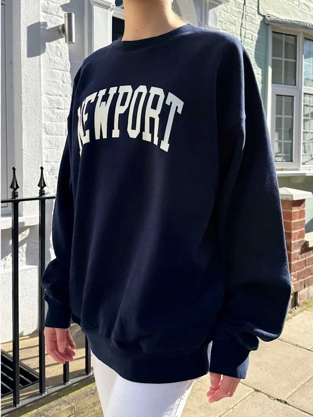 Brandy Melville Navy Crewneck Sweatshirt with WHITE Newport Script